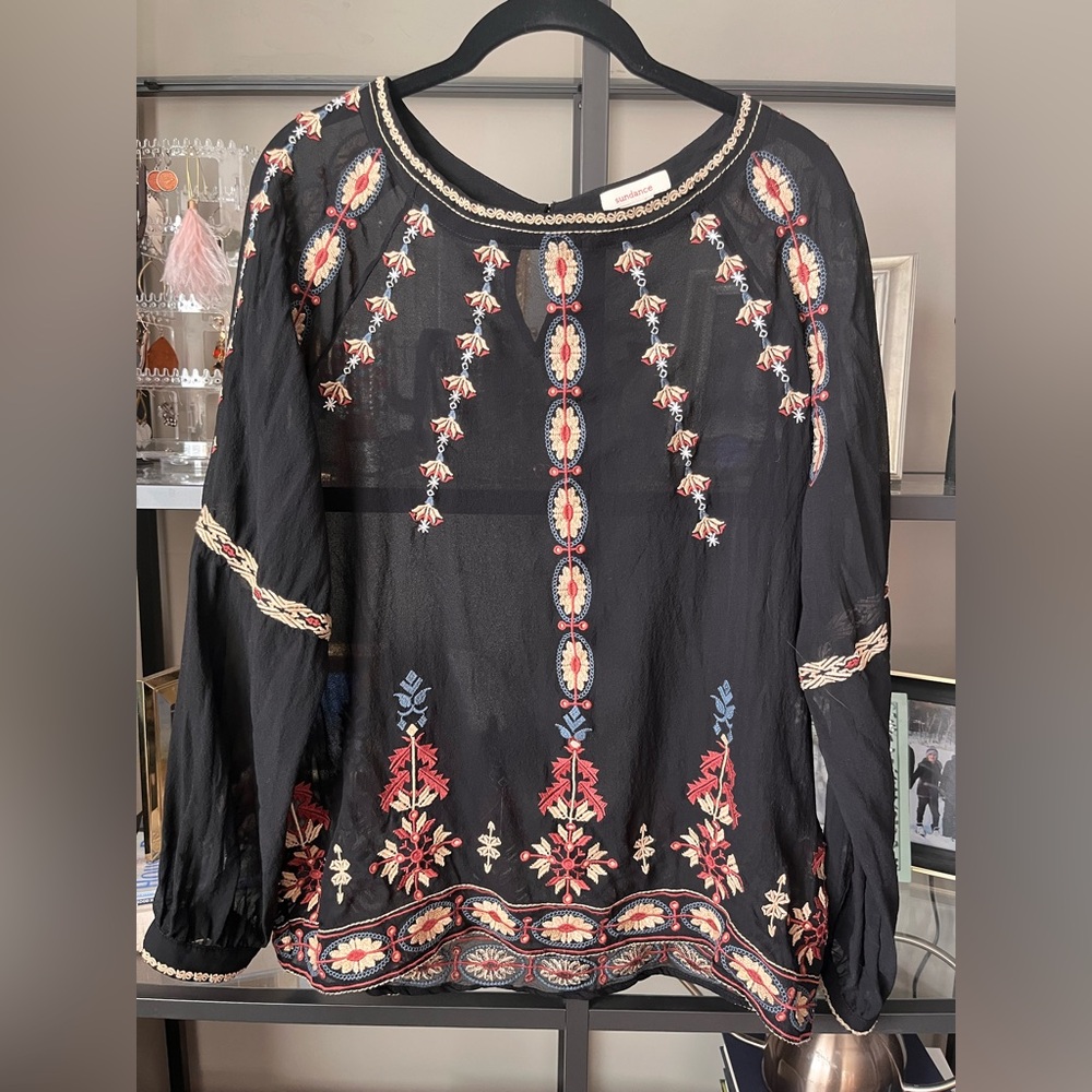 Sundance 100% Silk Black Boho Embroidered Blouse - Picture 2 of 11